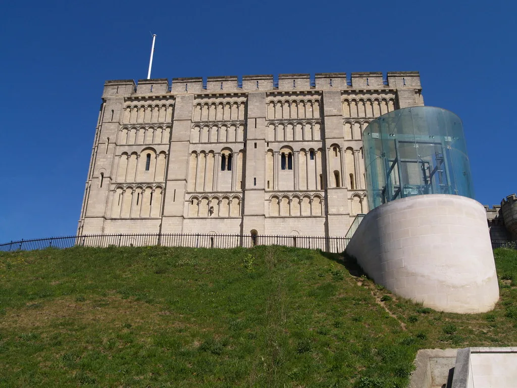 Norwich Castle keep from the south, with the glass lift that now carries visitors up to the battlements